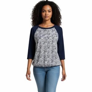 Ann Taylor Loft Women's Blouson Top S Navy Blue Print 3/4 Raglan Sleeve T-Shirt